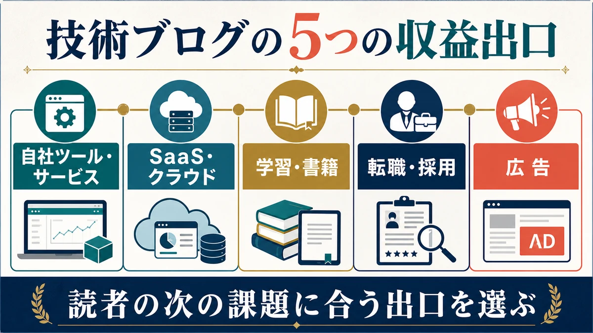 自社ツールやサービス、SaaSやクラウド、学習や書籍、転職や採用、広告の5つの収益化方法を示す図