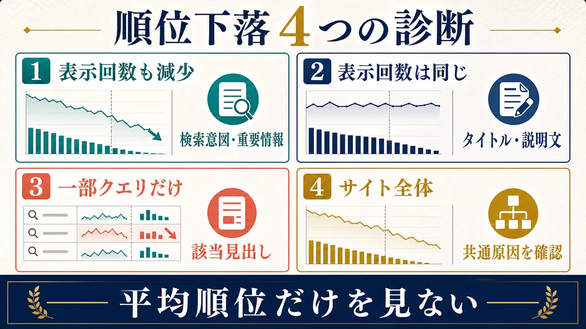 表示回数減少、表示回数同じ、一部クエリ低下、サイト全体低下の4状態から確認箇所を分ける図