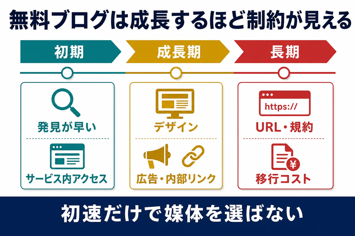 無料ブログの初期メリットと成長後に見えるデザイン・広告・URL・移行の制約
