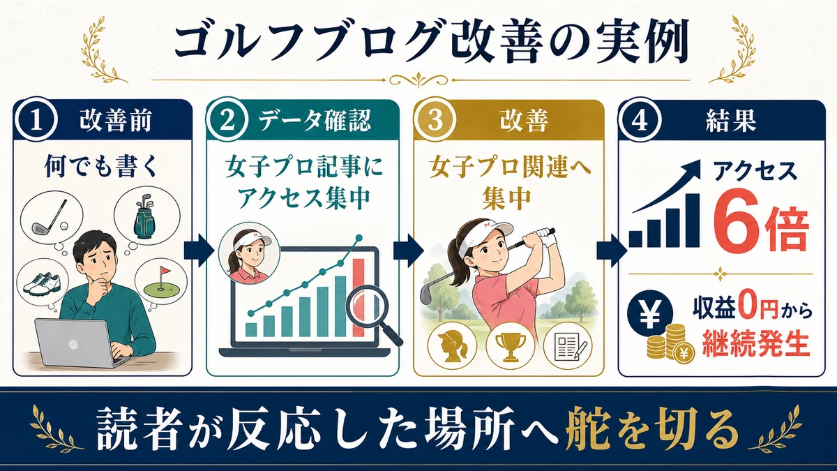 何でも書くゴルフブログからアクセスが集中した女子プロ関連記事へテーマを絞りアクセス6倍と継続収益につながった実例