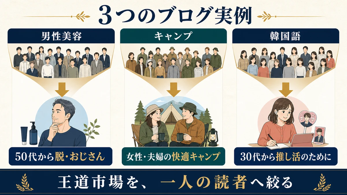 男性美容を50代からの脱おじさんへ、キャンプを女性と夫婦の快適キャンプへ、韓国語を30代からの推し活へ絞った3実例