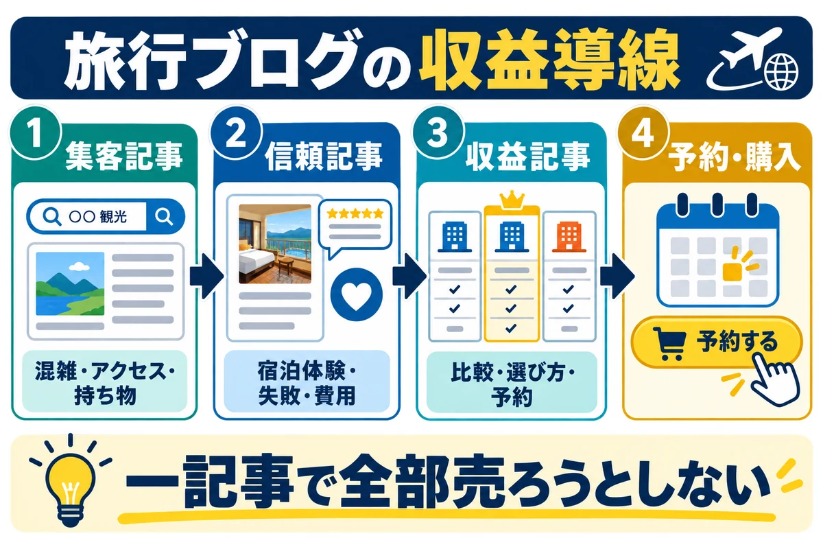 集客記事から信頼記事、収益記事を通って旅行予約や購入へ進む導線図