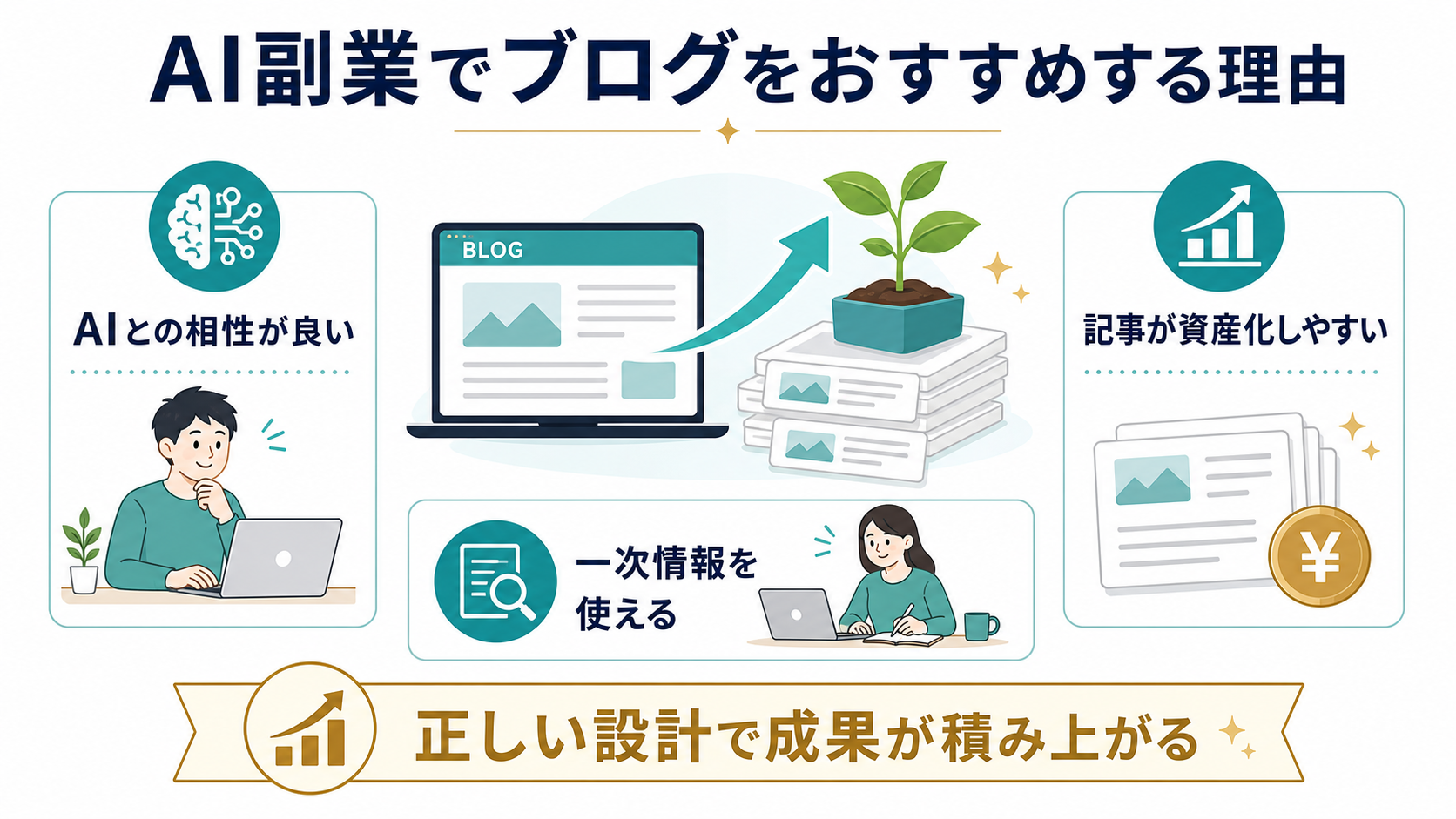 AI副業初心者にブログをおすすめする理由としてAIとの相性と記事の資産性を示す図解