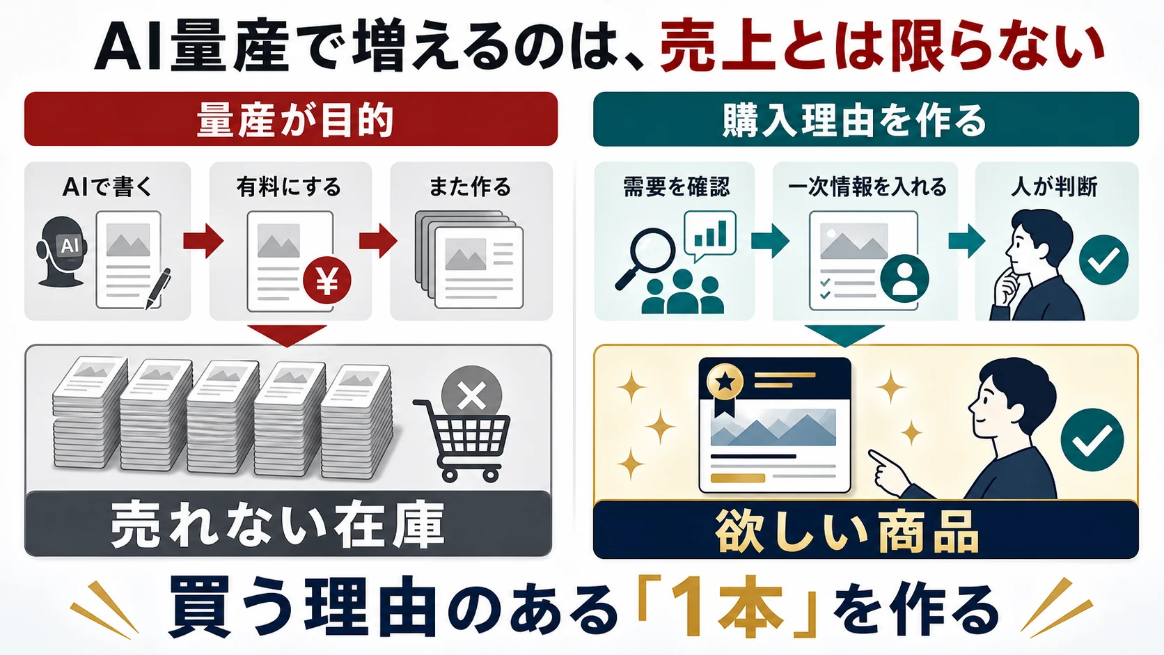 AIで記事を量産して売れない在庫を増やす流れと、需要と一次情報から欲しい商品を作る流れの比較図