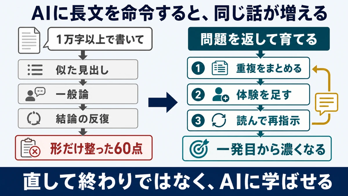 AIへ長文を命令して似た見出しや一般論が増える状態と、問題を返して育てる改善手順