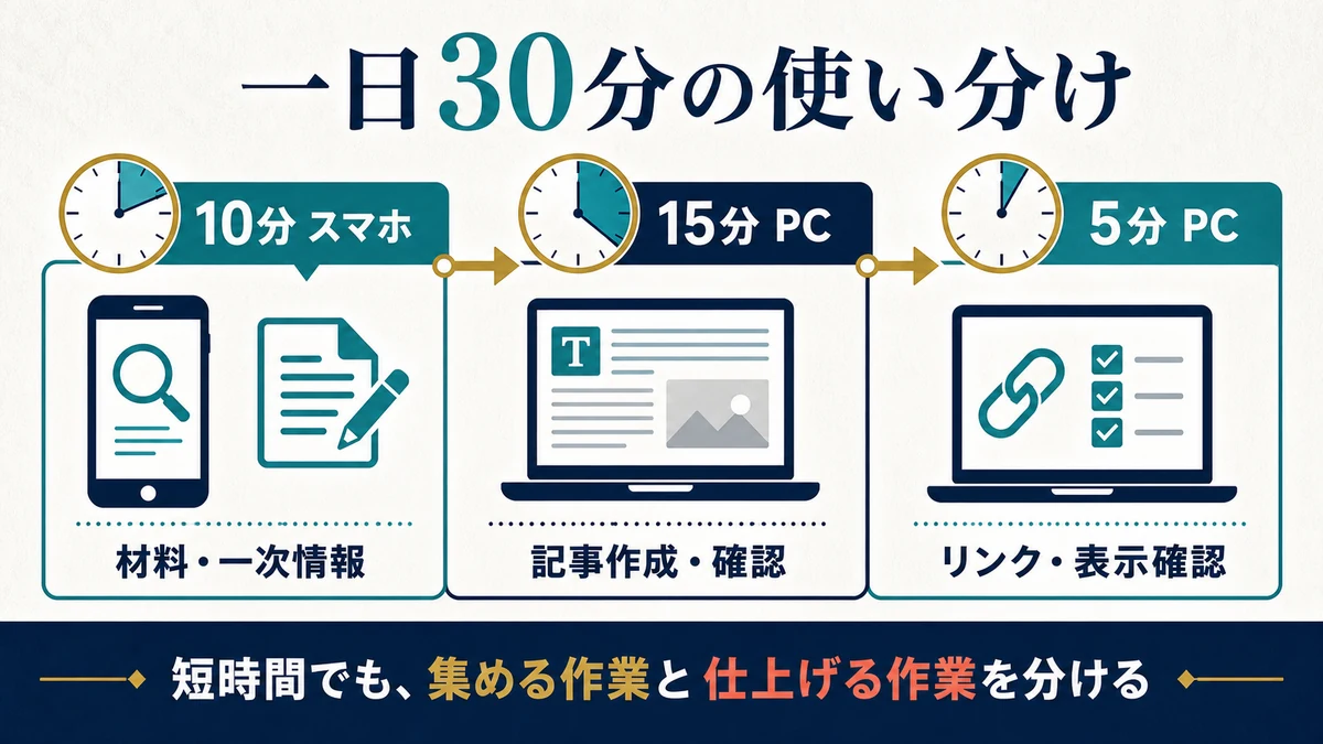10分スマホで材料と一次情報を集め15分PCで記事を作成確認し5分PCでリンクと表示を確認する図