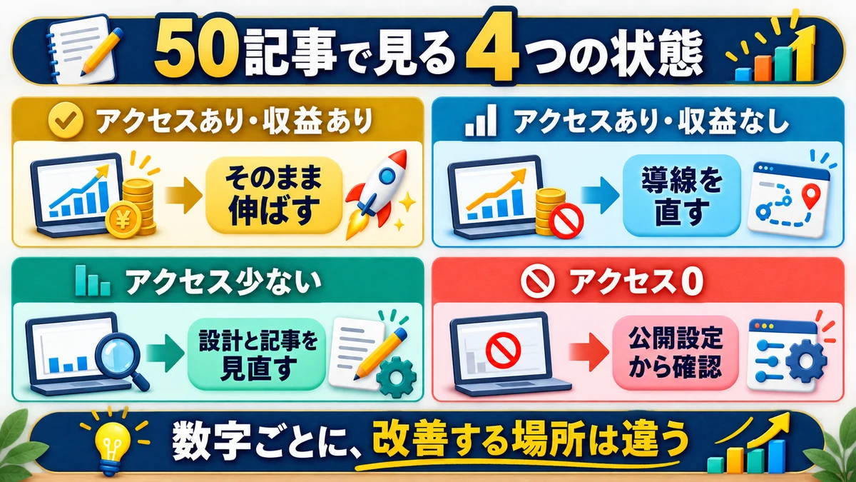 50記事時点でアクセスと収益の有無から伸ばす導線修正設計見直し公開設定確認へ分ける診断図