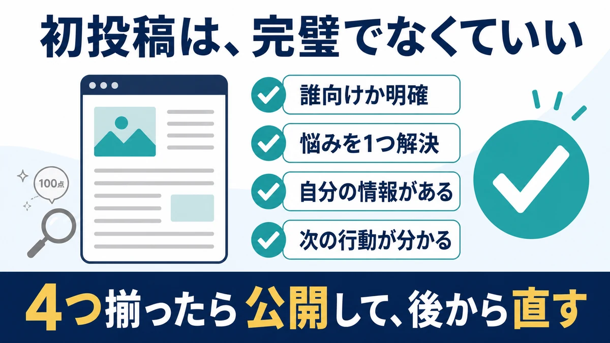 誰向けか、悩みを一つ解決するか、自分の情報があるか、次の行動が分かるかを確認する初投稿の基準
