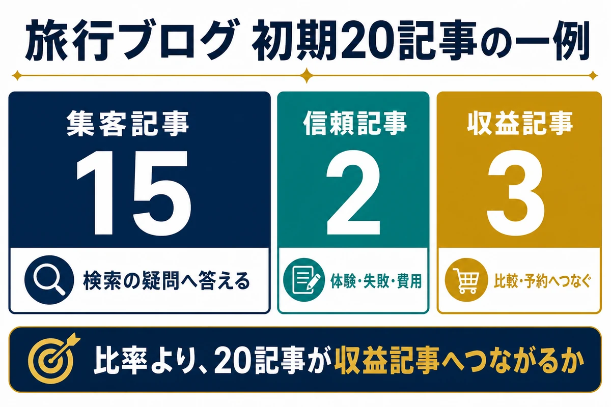 旅行ブログの初期20記事を集客15、信頼2、収益3で組む一例の図