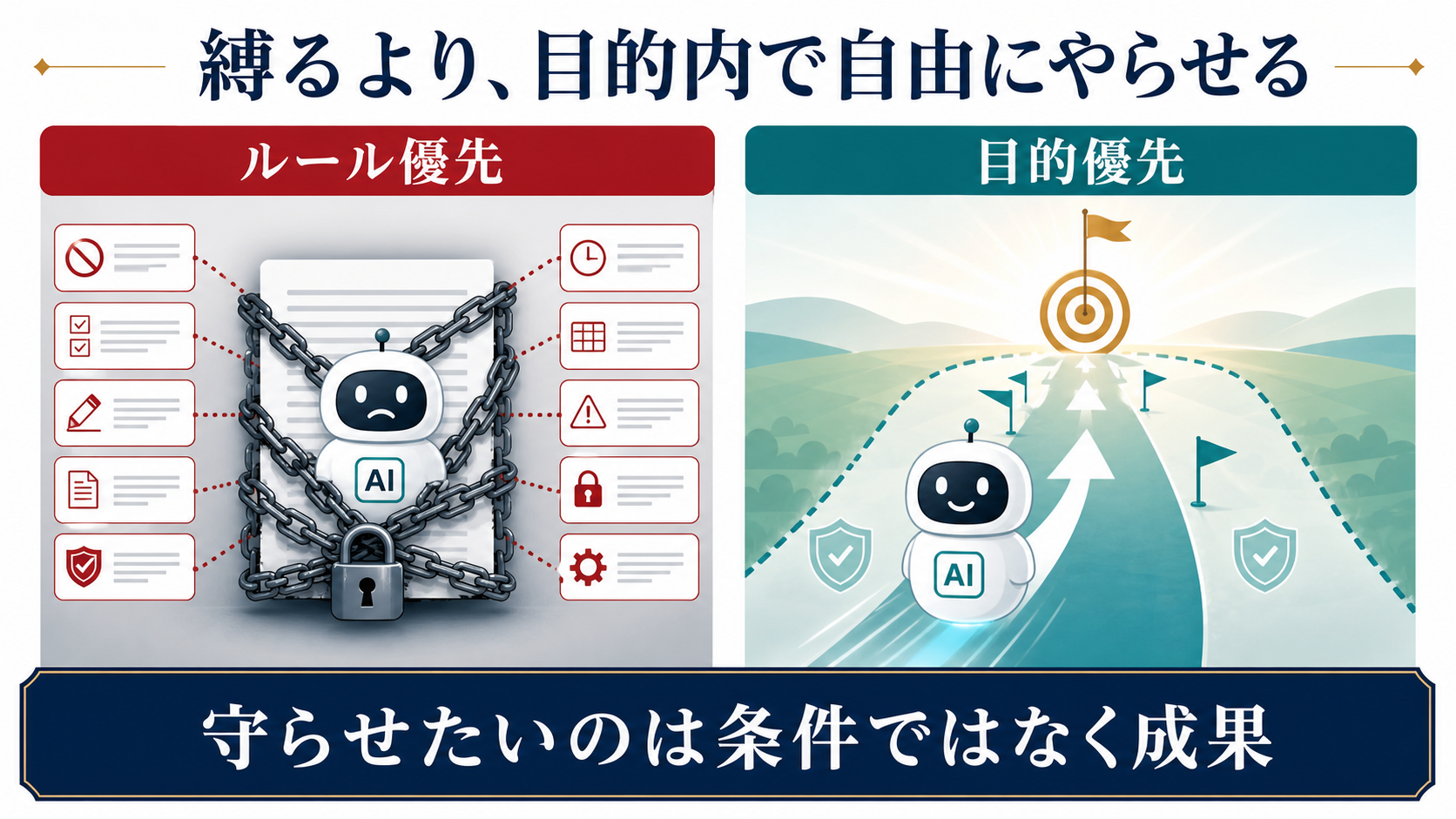 AIをルールで縛るのではなく目的内で自由にやらせて文章の質を高める考え方を示す図解