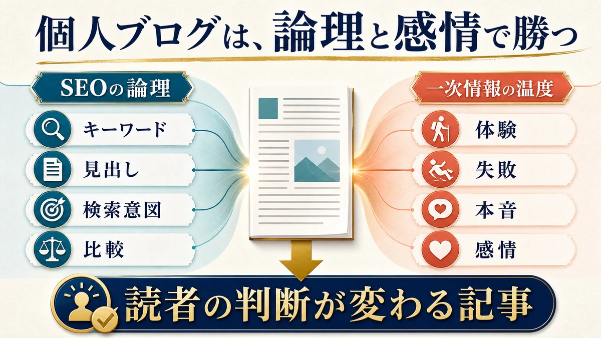 キーワード見出し検索意図比較というSEOの論理と体験失敗本音感情という一次情報を合わせる図