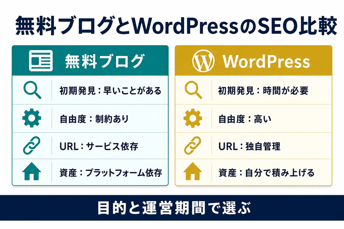 無料ブログとWordPressを初期発見・自由度・URL・資産性で比較する図