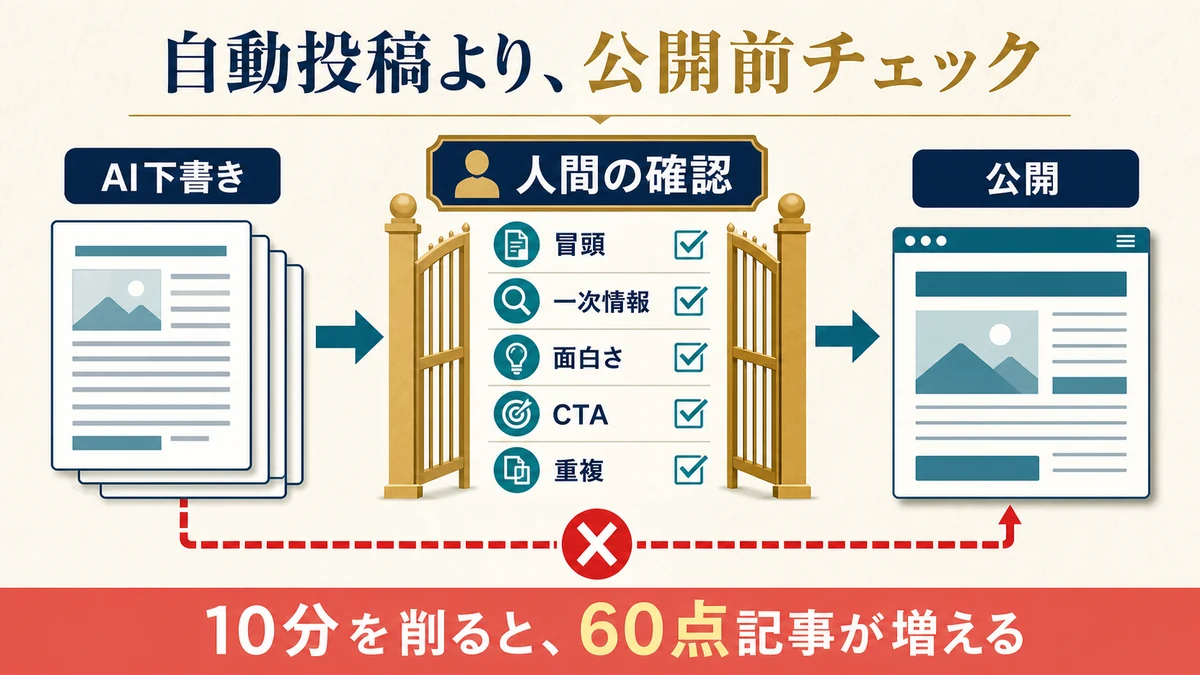 AI下書きを人間が冒頭一次情報面白さCTA重複の5項目で確認してから公開する図