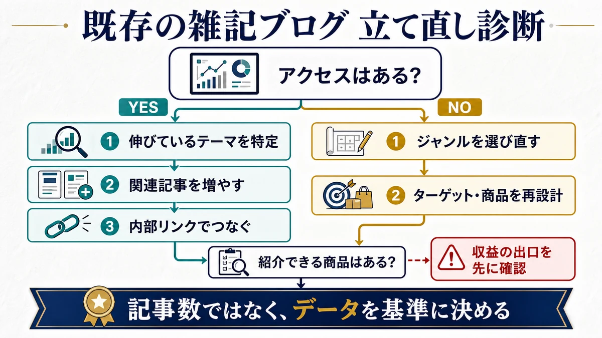 アクセスの有無と紹介商品の有無から雑記ブログの立て直し方を判断するフローチャート
