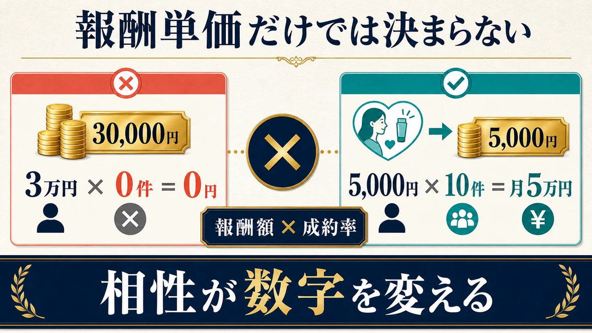 3万円掛ける成約0件は0円で5000円掛ける10件は月5万円となり相性が数字を変える図