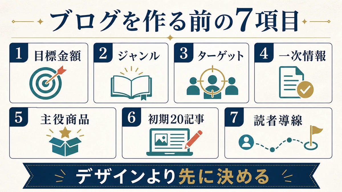 目標金額、ジャンル、ターゲット、一次情報、主役商品、初期20記事、読者導線というブログ作成前の7項目