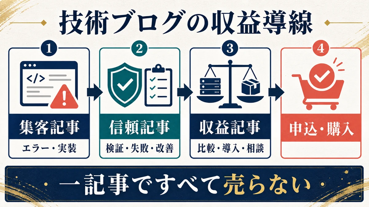 集客記事から信頼記事、収益記事を通って申込や購入へ進む技術ブログの導線図