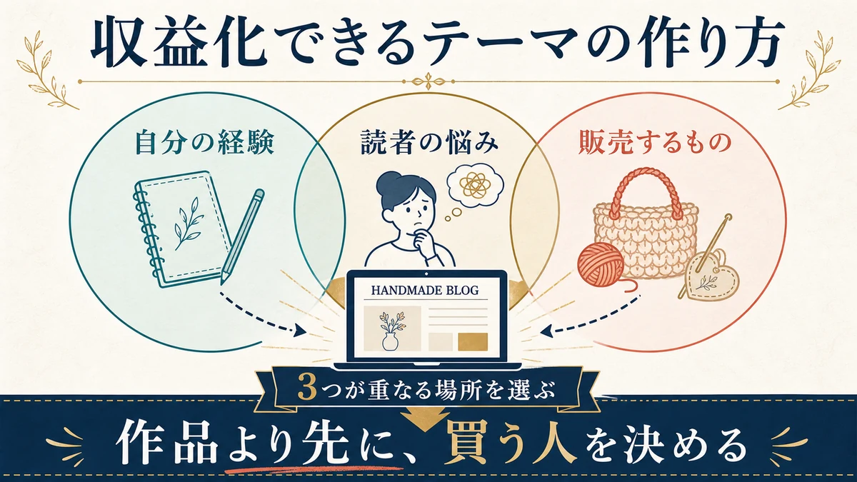 自分の経験、読者の悩み、販売するものの3つが重なる場所からハンドメイドブログのテーマを作る図