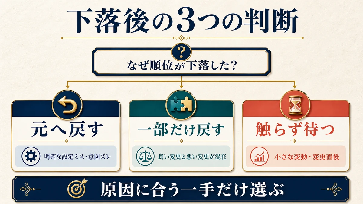 明確な設定ミスは元へ戻し良い変更と悪い変更が混在するなら一部を戻し小さな変動なら待つ図