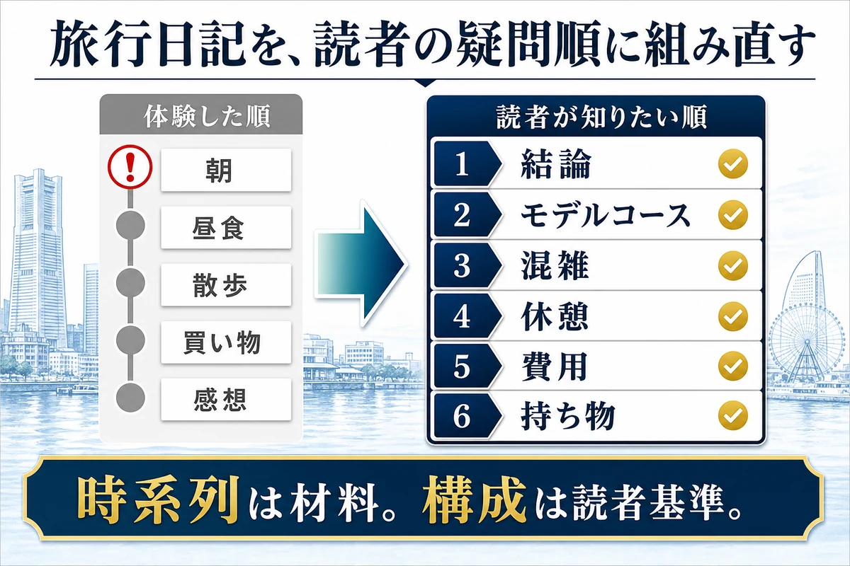 横浜旅行の日記を体験順から読者が知りたい順へ組み直す図
