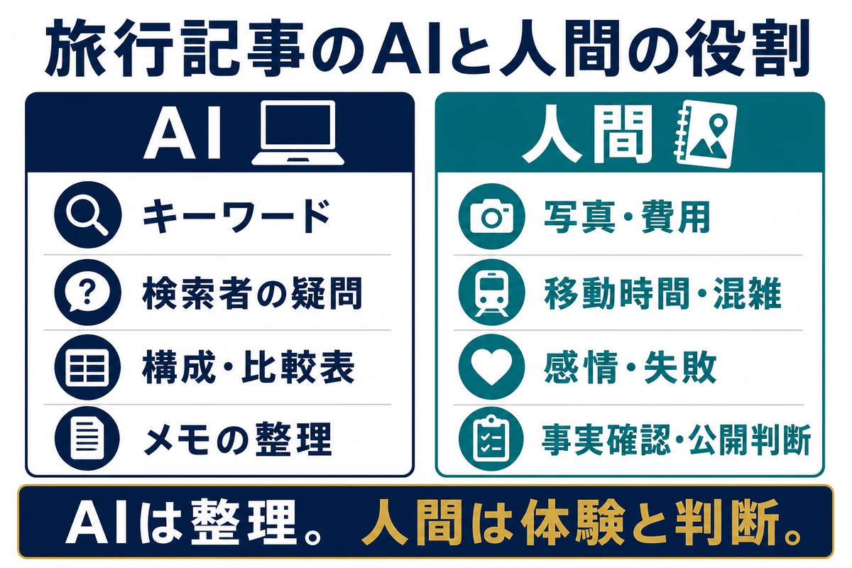 旅行記事ではAIが構成や整理を行い人間が写真や費用や体験と公開判断を担う図