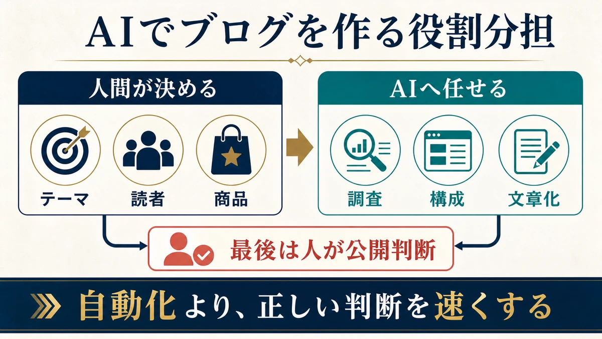 人間がテーマと読者と商品を決めAIへ調査と構成と文章化を任せ最後は人が公開判断する役割分担