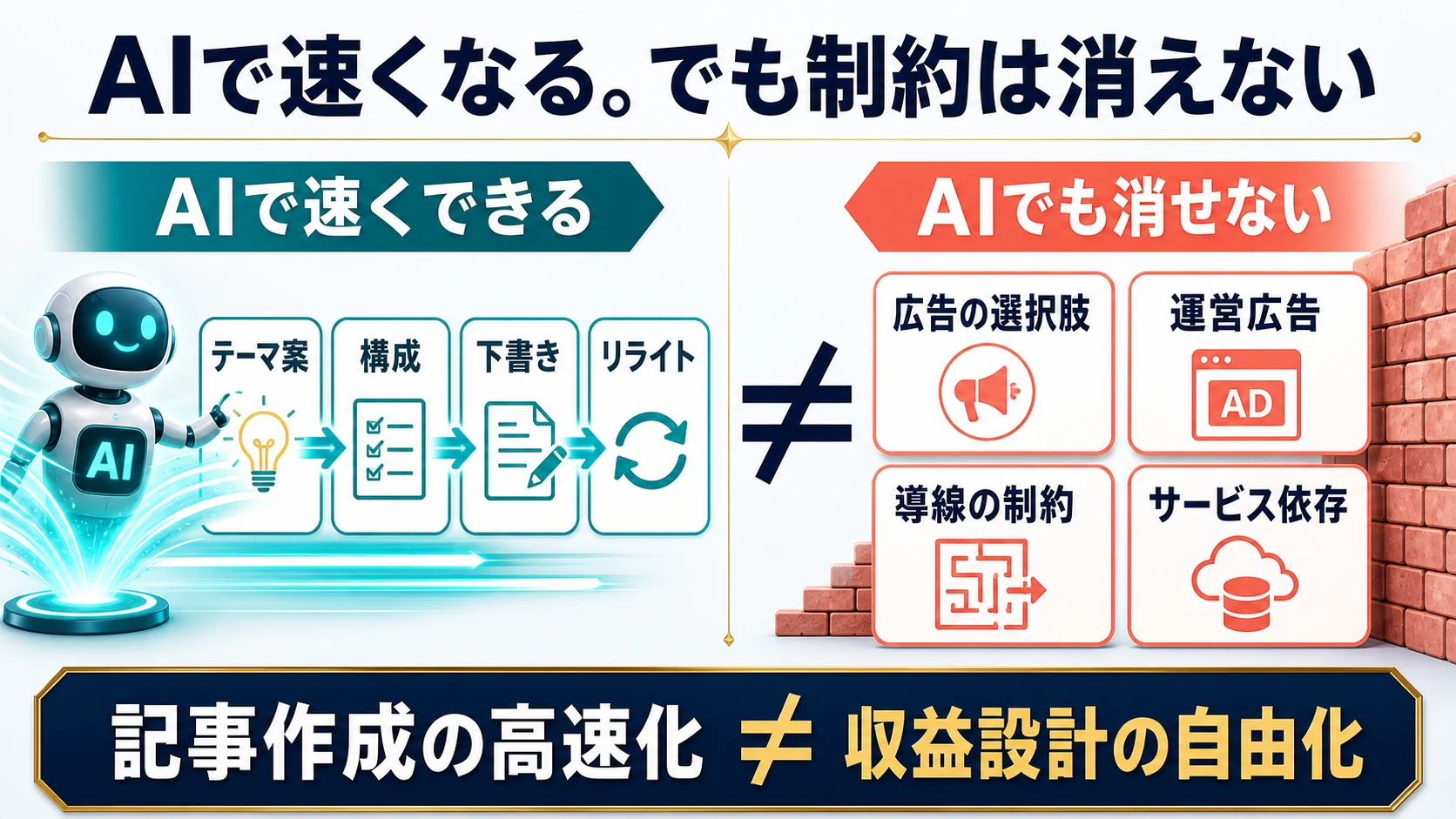 AIはテーマ案や構成や下書きを速くできるが、広告の選択肢や運営広告やサービス依存は消せない図