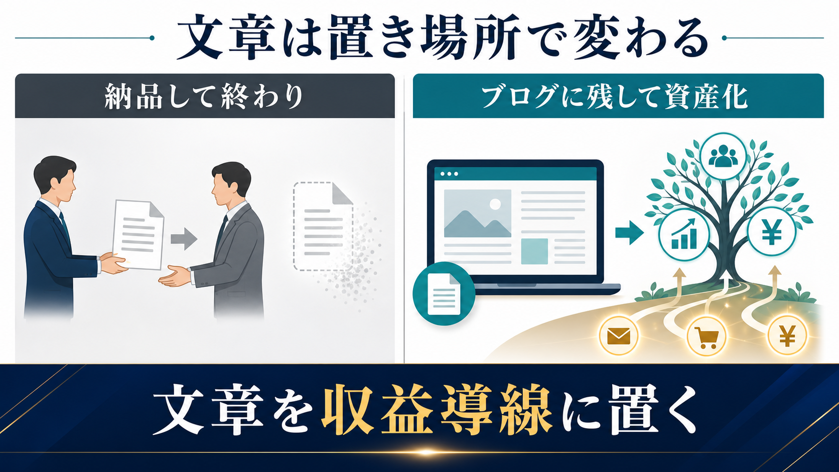 AIライティングスクールで文章を切り売りする道とブログ資産を作る道の違いを示す図解