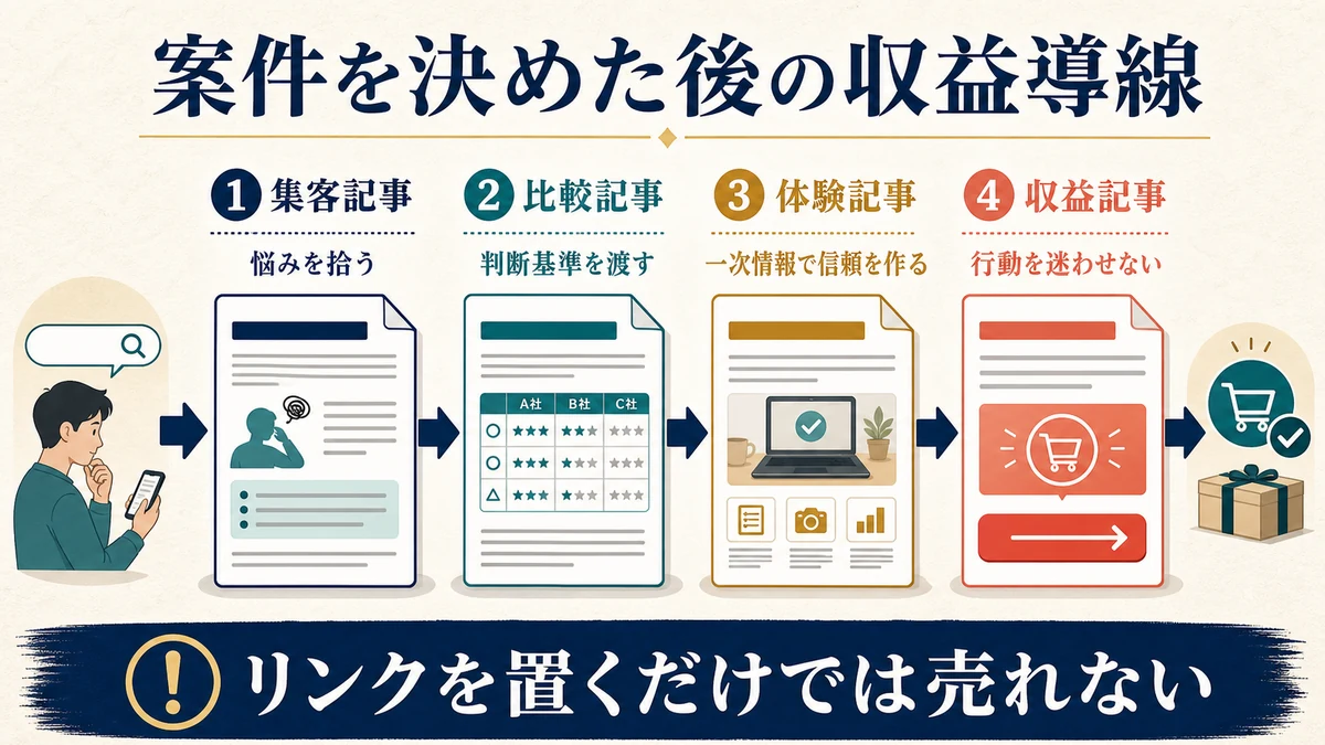 集客記事、比較記事、体験記事、収益記事の順に読者を案内して行動へつなげる図
