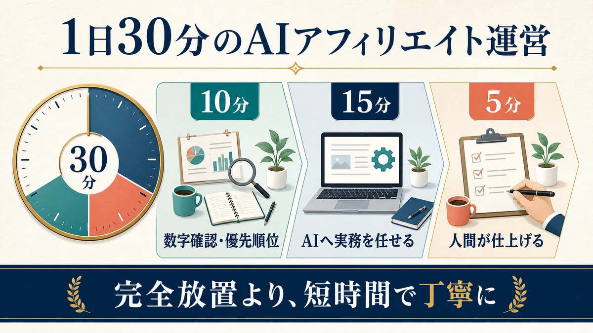 10分の数字確認と優先順位、15分のAI実務、5分の人間による仕上げで運営する図