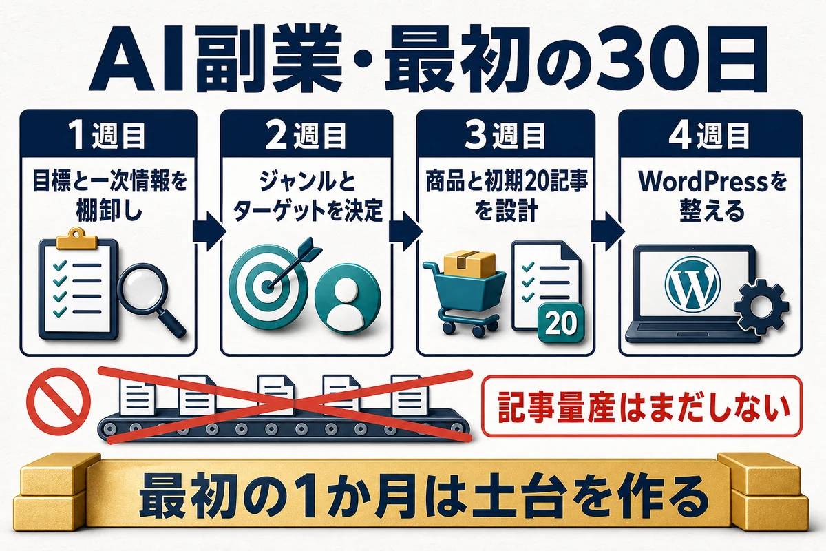 目標と経験の整理、ジャンルとターゲット決定、商品と記事構成、WordPress設置を行う最初の30日計画