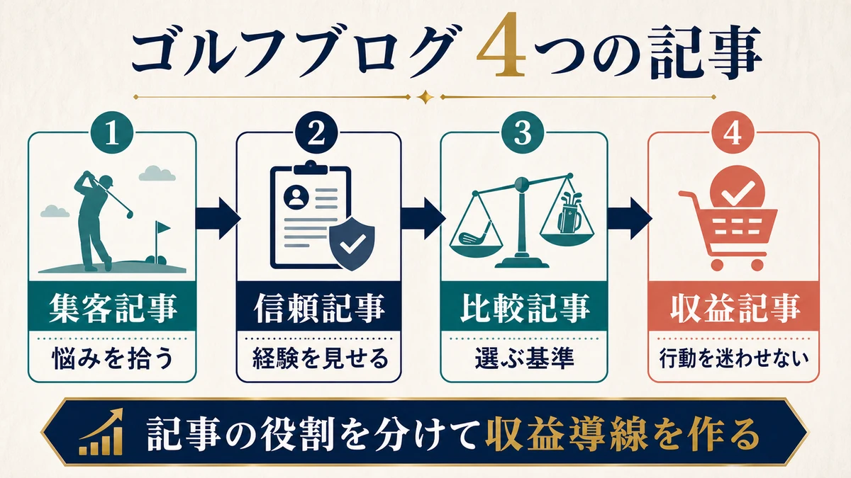 悩みを拾う集客記事、経験を見せる信頼記事、選ぶ基準を示す比較記事、行動を迷わせない収益記事の流れ