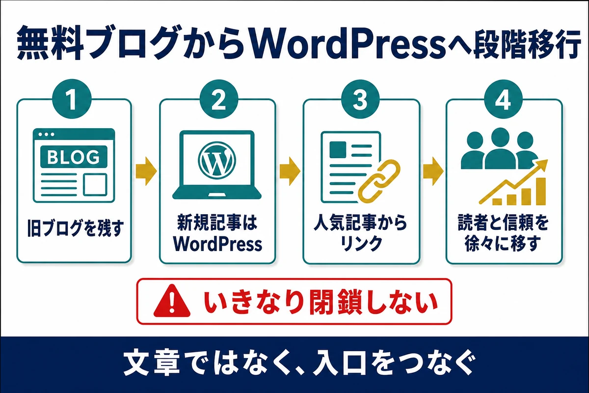 無料ブログを残してWordPressへ新規記事を作り人気記事からリンクする段階移行図