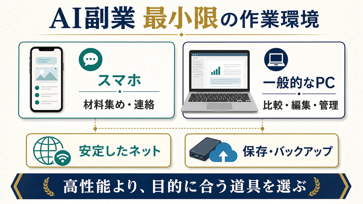 スマホと一般的なPCと安定したネットと保存バックアップがAI副業の最小限の作業環境だと示す図