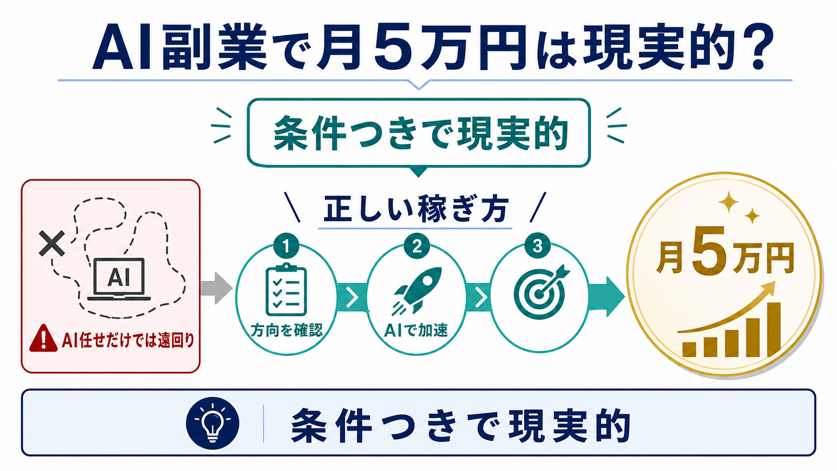 AI副業で月5万円を狙うには作業量より稼ぎ方とAIに任せる部分を決めることが重要である図解
