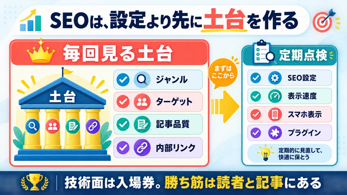 ジャンル、ターゲット、記事品質、内部リンクを毎回見る土台とし、SEO設定、表示速度、スマホ表示、プラグインを定期点検する図