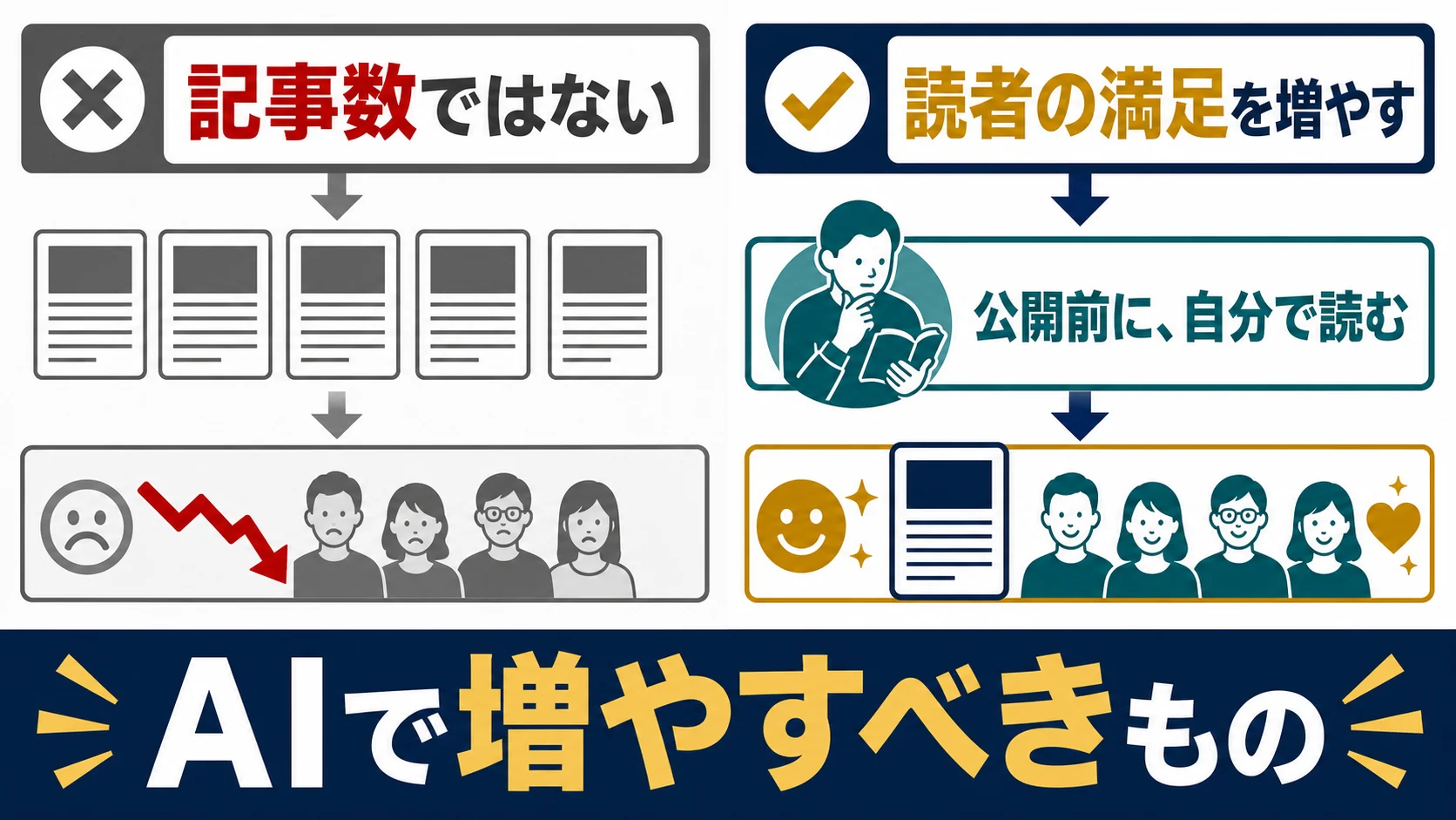 AIで記事数を増やすのではなく、公開前に自分で読み読者満足を増やすべきことを示す図