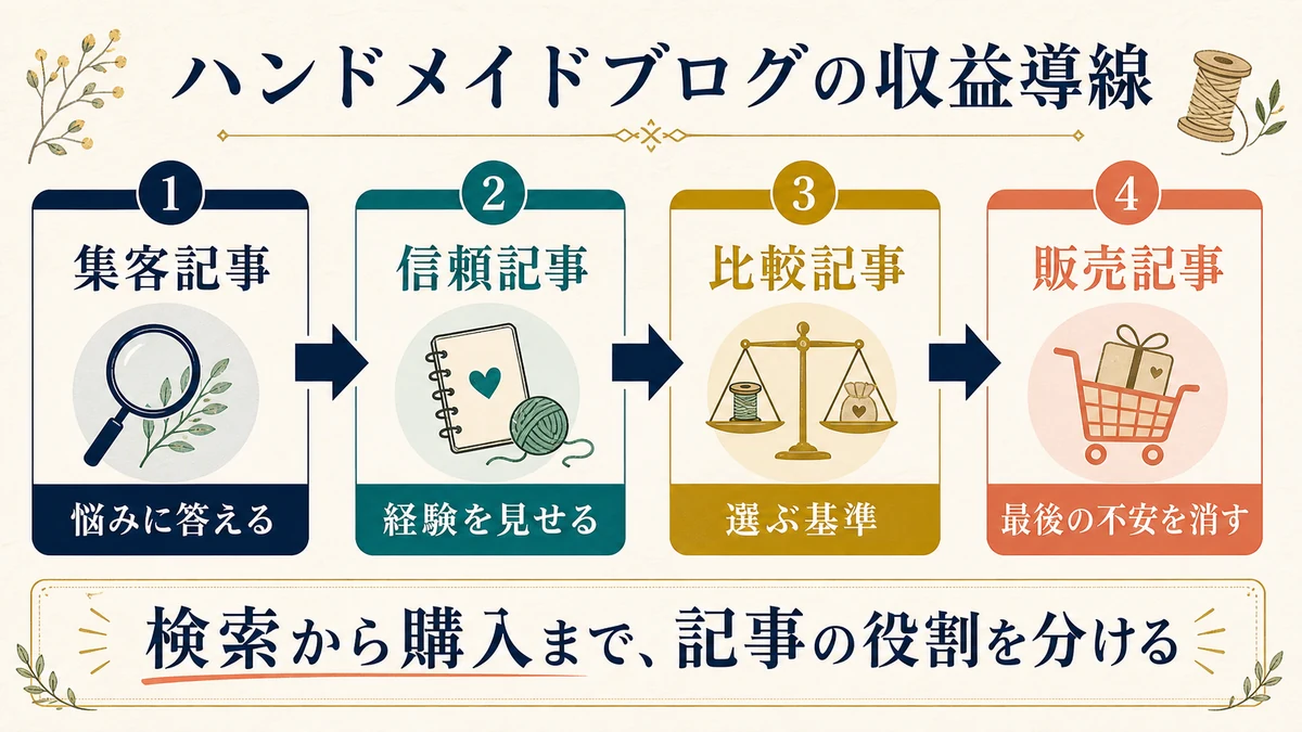 悩みに答える集客記事、経験を見せる信頼記事、選ぶ基準を示す比較記事、最後の不安を消す販売記事への導線