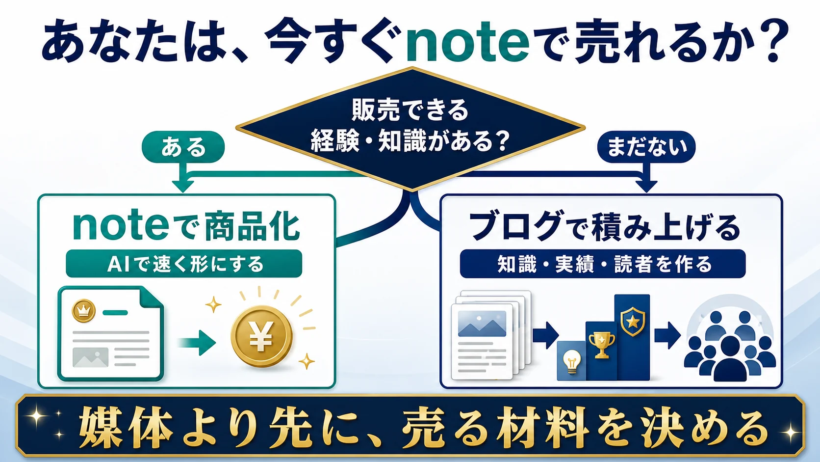 販売できる経験や知識があればnoteで商品化し、まだなければブログで知識・実績・読者を積み上げる選択図