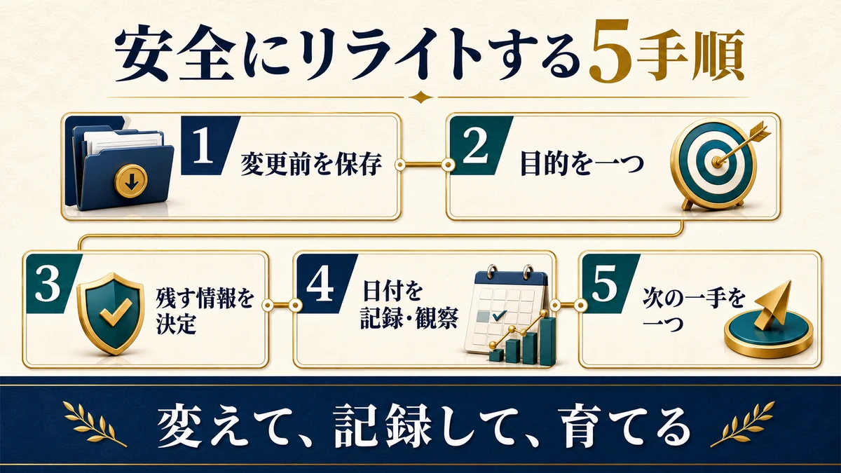 変更前保存、目的を一つ、残す情報決定、日付記録と観察、次の一手を一つの5手順