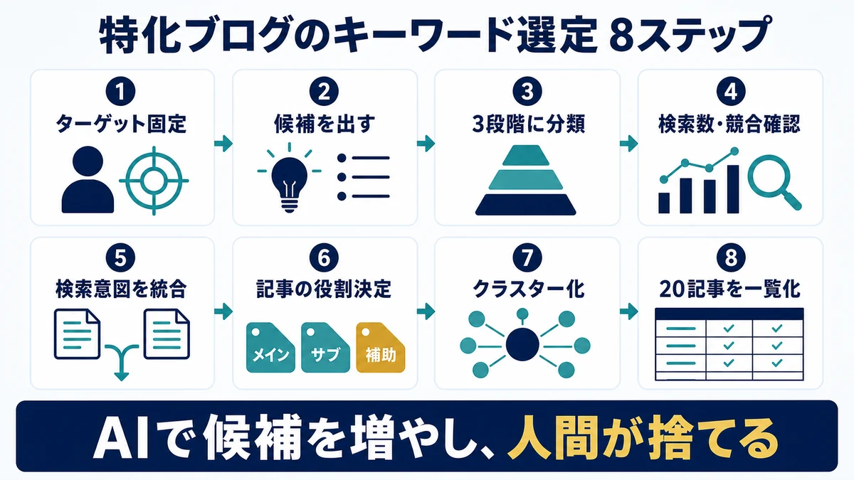 ターゲット固定から候補出し、分類、競合確認、統合、役割決定、クラスター化、20記事一覧化までの手順
