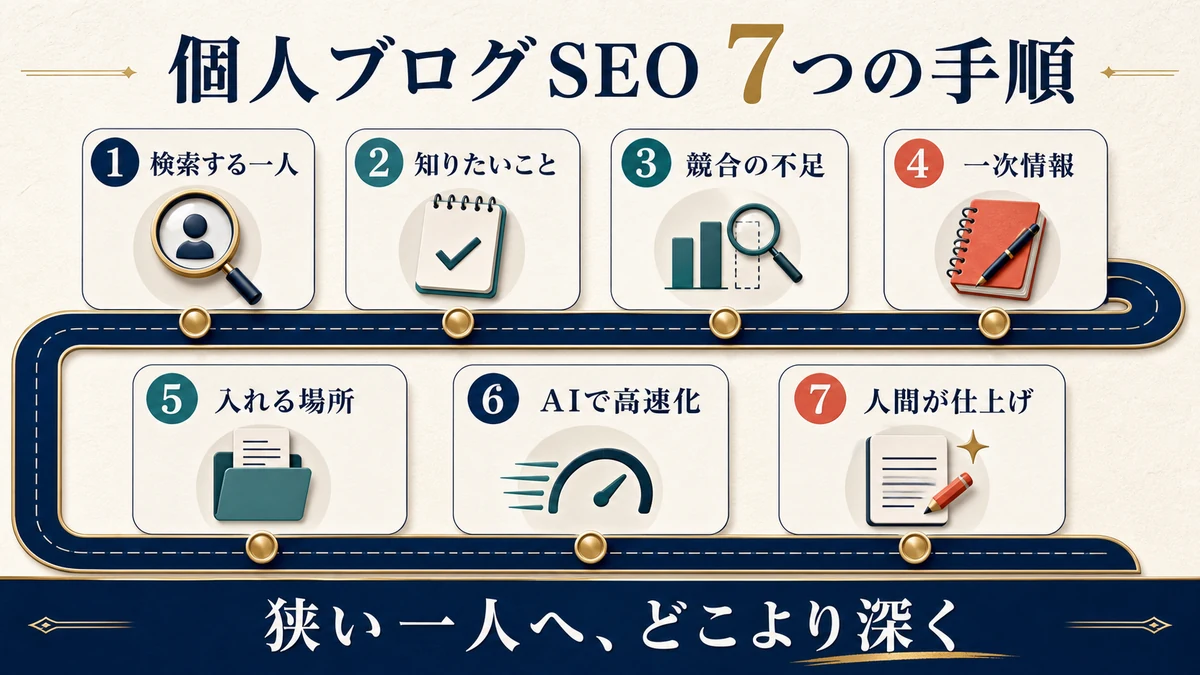 検索する一人、知りたいこと、競合の不足、一次情報、入れる場所、AI高速化、人間の仕上げの7手順