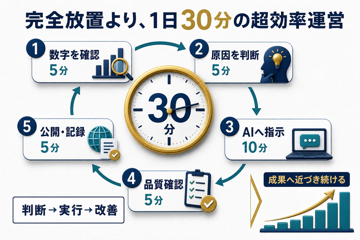 数字確認、原因判断、AIへの指示、品質確認、公開記録を1日30分で回す運営モデル