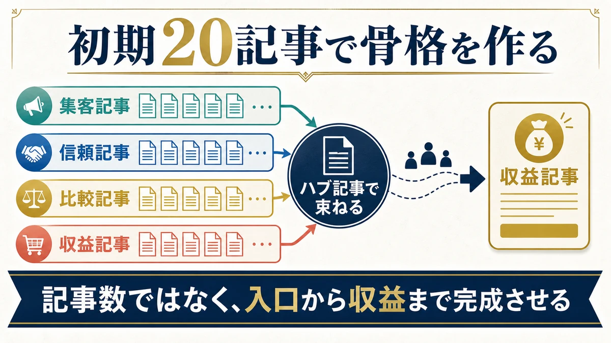 集客記事、信頼記事、比較記事、収益記事をハブ記事で束ね入口から収益まで完成させる初期20記事の構造
