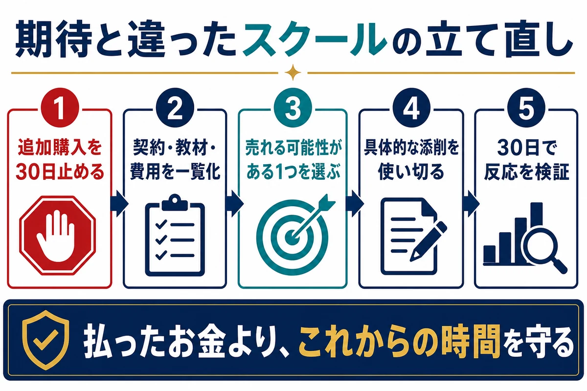 追加購入停止、契約整理、方法選択、添削、30日検証でAI副業を立て直す流れ