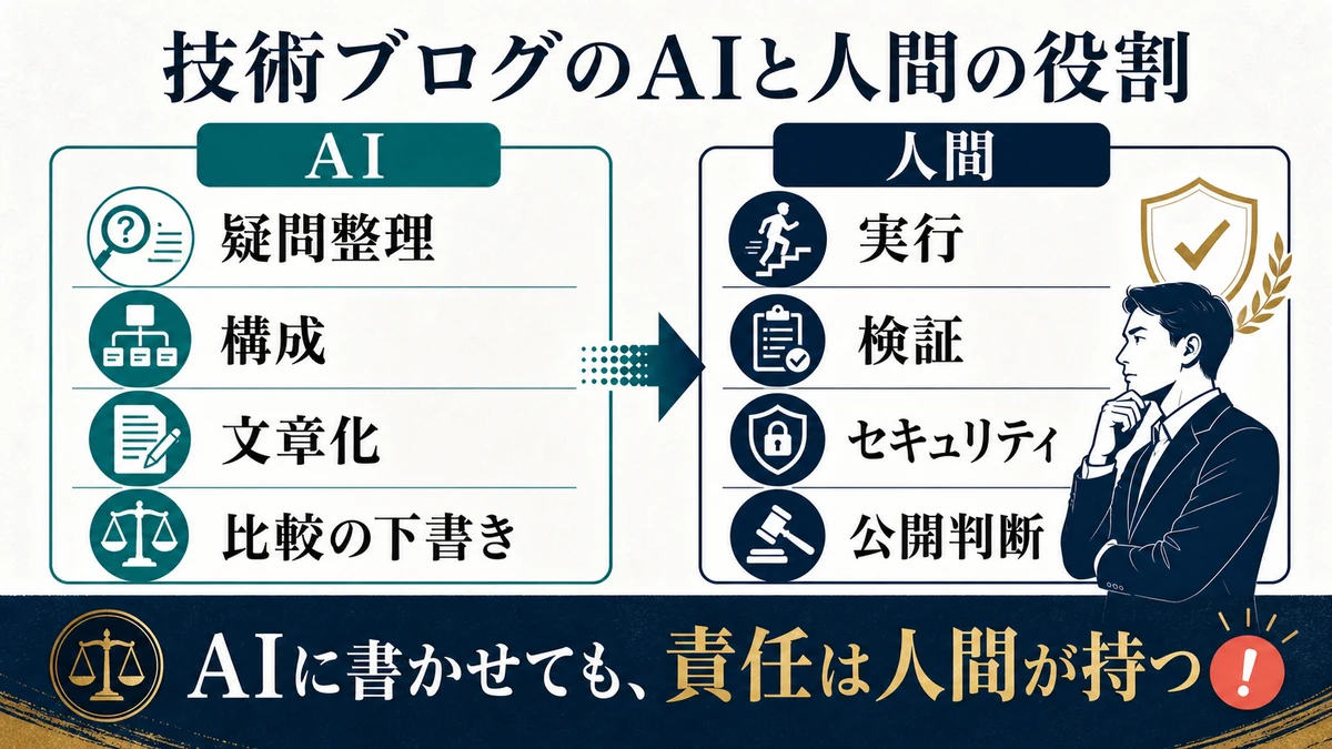 技術ブログではAIが疑問整理や構成や文章化を行い人間が実行や検証やセキュリティや公開判断を担う図