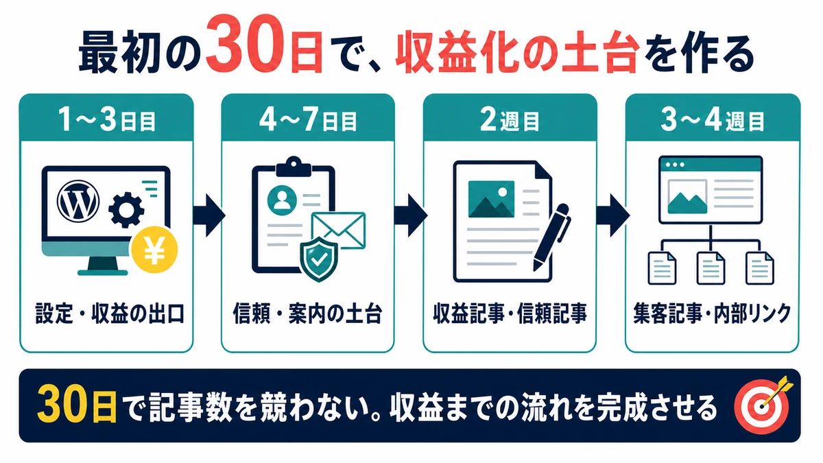 1から3日目に設定と収益の出口、4から7日目に信頼と案内、2週目に収益記事と信頼記事、3から4週目に集客記事と内部リンクを作る工程