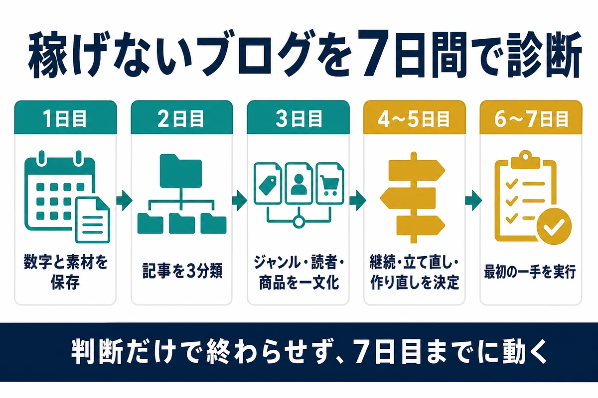 稼げないブログを7日間で診断し次の一手を実行する流れ