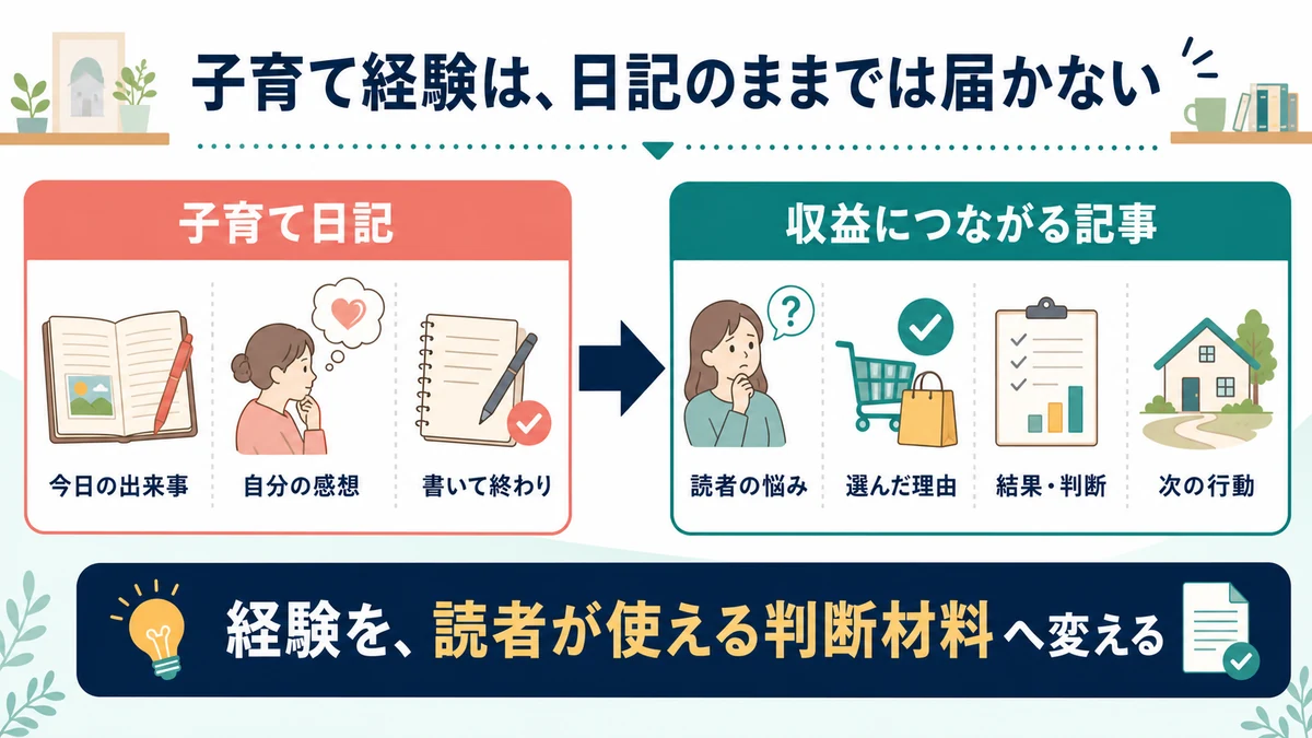 今日の出来事と自分の感想だけの日記を読者の悩み、選んだ理由、結果、次の行動がある記事へ変える図