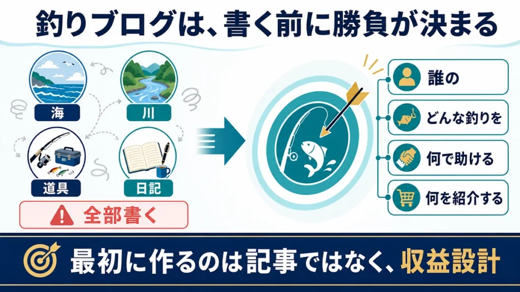 海、川、道具、日記を全部書くのではなく誰のどんな釣りを何で助け何を紹介するか決める図